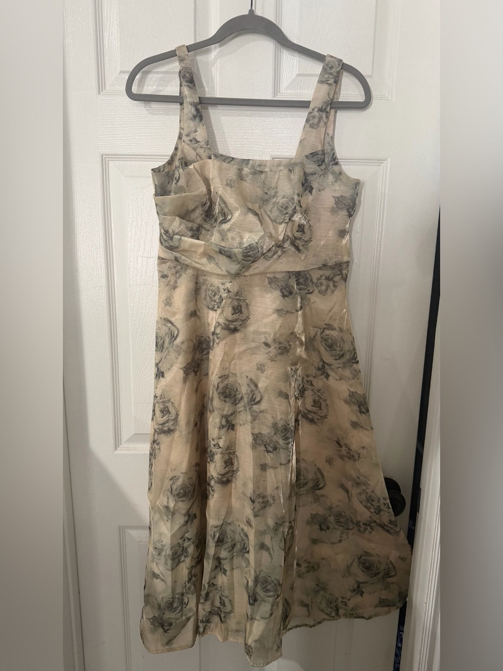 Floral A-Line Midi Dress in Beige and Green